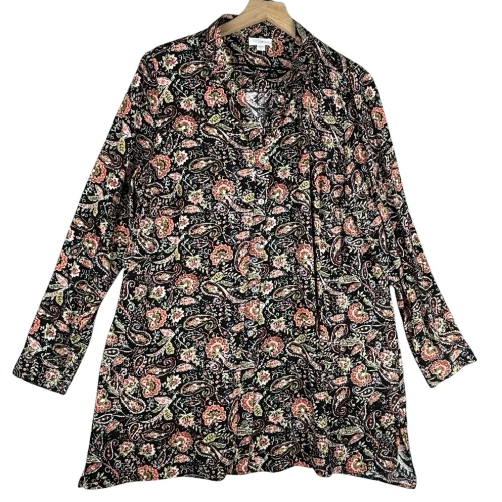J. Jill Shirt Women Large‎ Tall Brown Floral Paisley Tunic V-Neck Button Up Boho